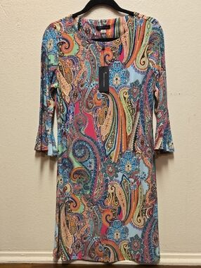 NWT, Tommy Hilfiger Paisley Shift Stretch Dress, 3/4 Bell Sleeve, Size 8